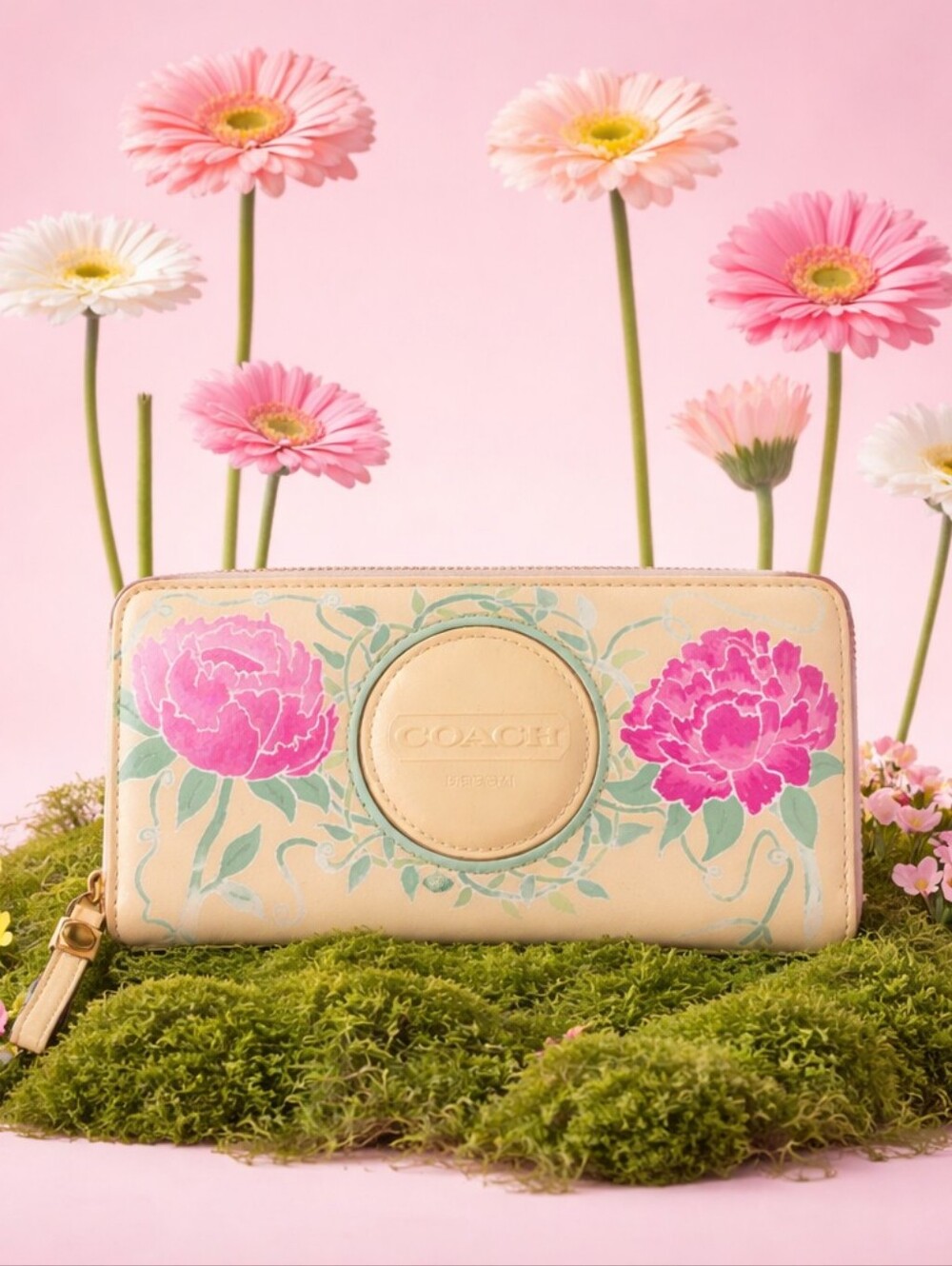 Coach Floral Zip-Around Wallet in Cream with Pink Floral Accents